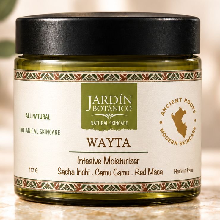 Close-up of the Wayta label: Intensive Moisturizer with sacha inchi, camu camu and red maca, 113 g, Made in Peru